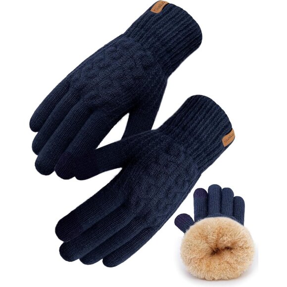 ⚡Women & Men Navy Blue Winter Touch Screen Warm Thick Fleece Lined Knit Gloves - Picture 1 of 7